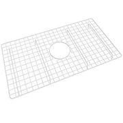 White wire sink grid with grid pattern and circular drain hole cutout for kitchen sink.