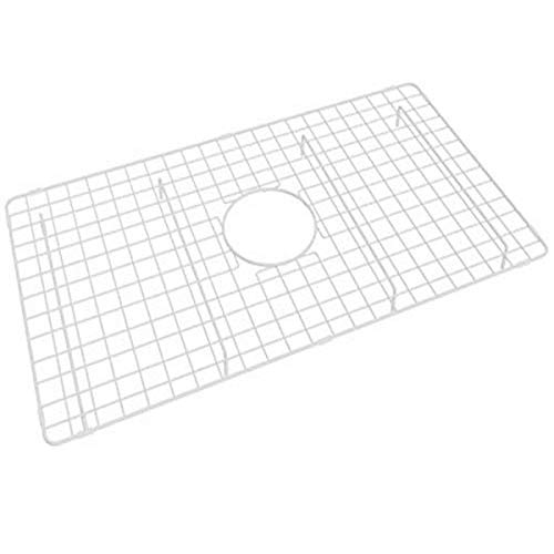 White wire sink grid with grid pattern and circular drain hole cutout for kitchen sink.