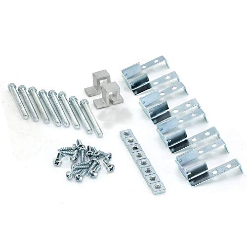 Rohl Allia 25" undermount sink installation kit containing mounting brackets, clips, bolts, screws, and metal fasteners.