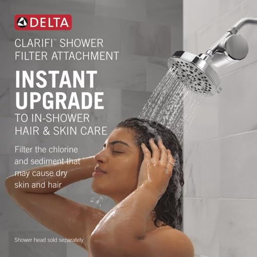 Chrome shower filter attachment with perforated head and curved arm, shown dispensing water over person's hair.