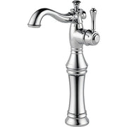 Chrome single-handle bathroom faucet with curved spout and tapered pedestal base.