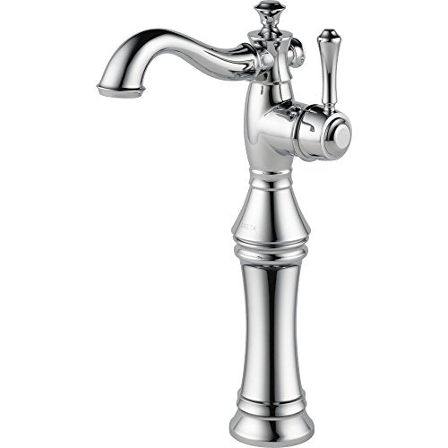 Chrome single-handle bathroom faucet with curved spout and tapered pedestal base.