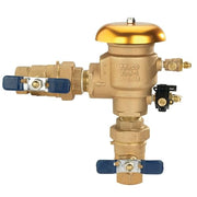 FEBCO T765EUB bronze pressure vacuum breaker with 1 inch union connections, blue isolation ball valves, and gold dome cap.