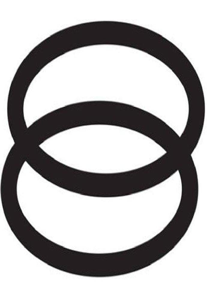 Two black rubber o-rings stacked vertically against white background.
