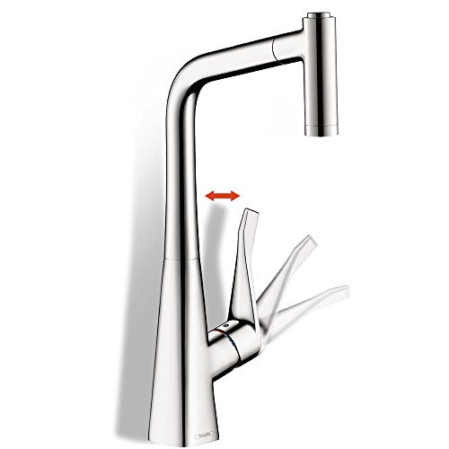 Chrome kitchen faucet with high arched spout and dual lever handles in extended position.