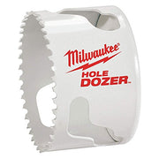 Milwaukee HOLE DOZER bi-metal hole saw with serrated cutting edge and white plastic body with red branding.