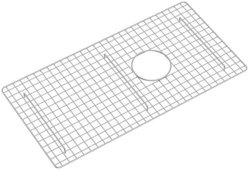 Stainless steel wire grid sink protector with rectangular grid pattern and oval cutout opening.