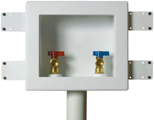 White washing machine outlet box with two brass ball valves with red and blue handles inside recessed cavity.