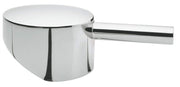 Chrome faucet lever handle with cylindrical knob and horizontal grip bar.