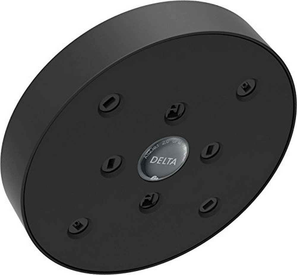 Black Delta raincan showerhead with H2OKinetic nozzles and center Delta logo on circular face.