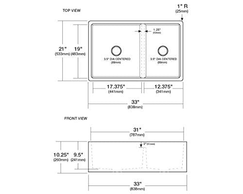 Slate farmhouse double bowl kitchen sink with dimensions 33 inches wide, 21 inches deep, top and front view technical drawing