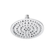 Chrome overhead shower head with multiple spray nozzles arranged in circular pattern and mounting connector.