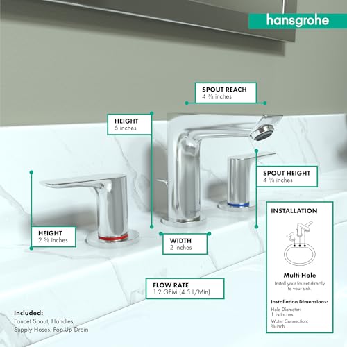 Chrome widespread bathroom faucet with tall spout, two handles, and measurement specifications labeled.