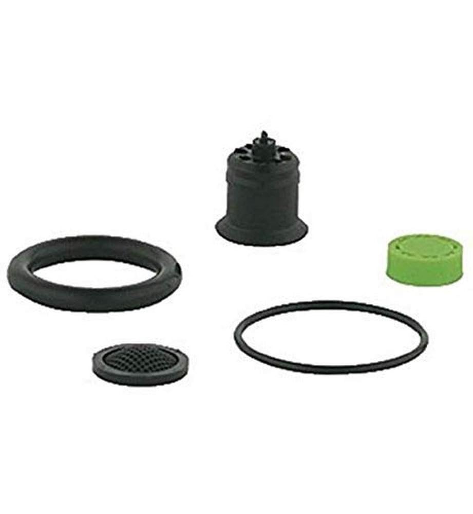 Grohe replacement parts set including black rubber rings, cartridge, mesh screen, and green cap.