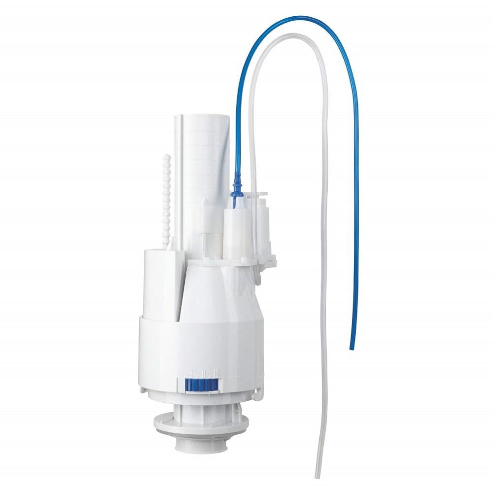 White pneumatic outlet valve with blue and gray tubing connectors attached to cylindrical body.