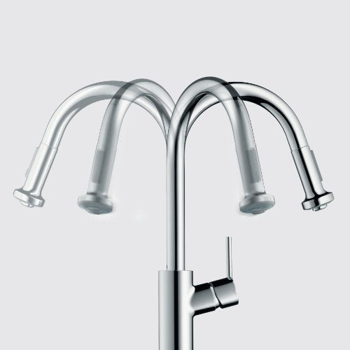Chrome high-arc kitchen faucet with pull-down sprayer and four curved spray arms.