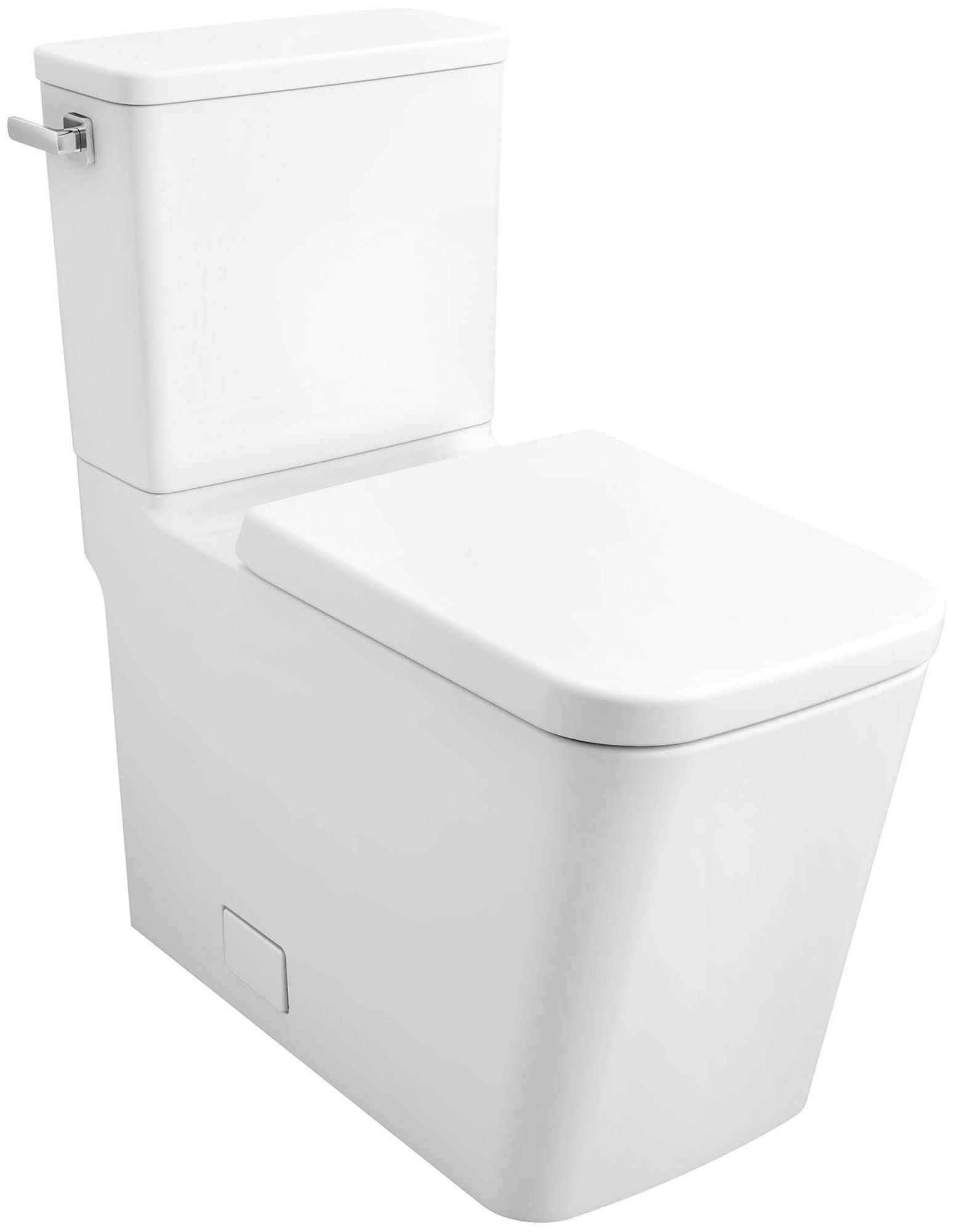 White two-piece elongated toilet with matching seat and left-hand trip lever on tank.