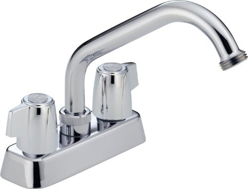 Chrome two-handle laundry faucet with high-arc spout and wide deck base.