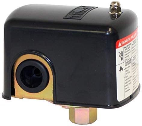 Black cylindrical pressure switch with gold-trimmed opening and brass port fitting on bottom.
