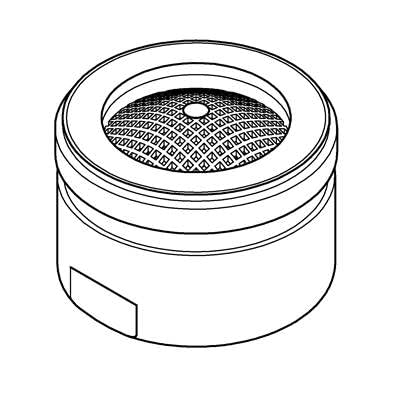 Cylindrical flow control cartridge with mesh screen and threaded top ring in brushed nickel finish.