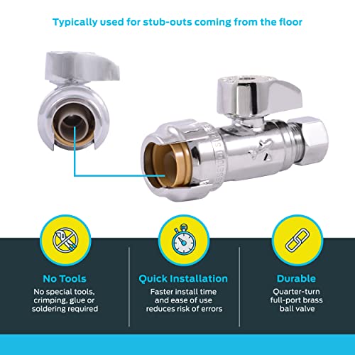SharkBite straight stop valve with 1/2 inch push and 3/8 inch compression connections, chrome finish with gray lever handle.