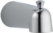 Chrome tub spout with pull-up diverter and rounded cap design for bathtub wall mounting.