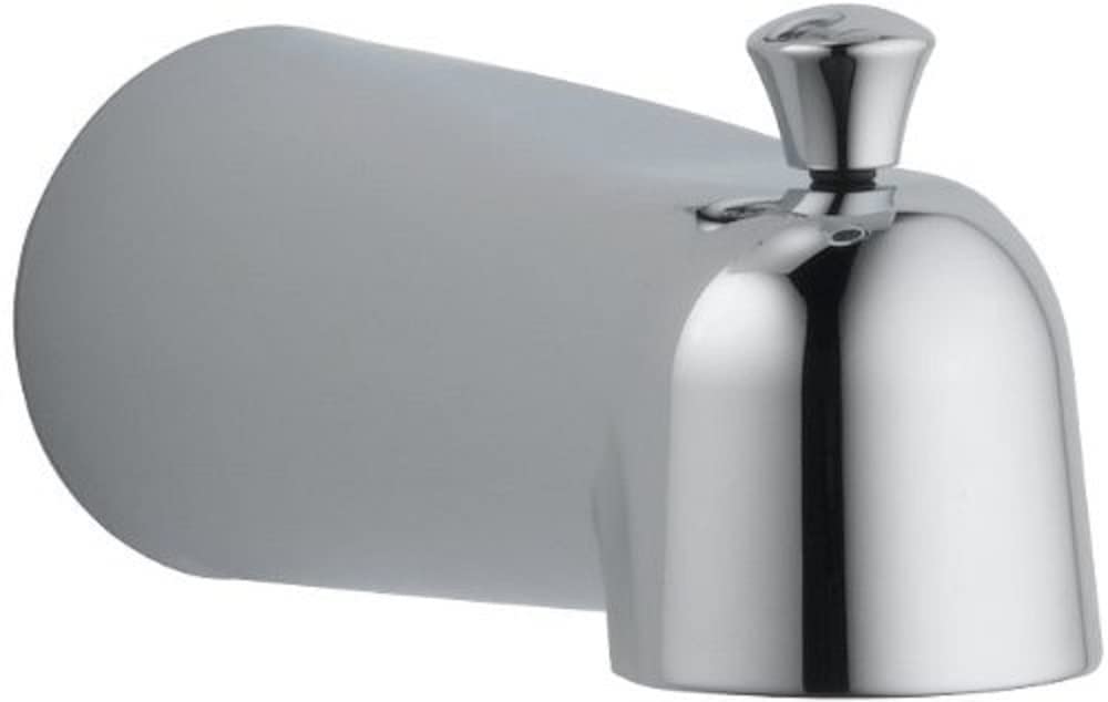 Chrome tub spout with pull-up diverter and rounded cap design for bathtub wall mounting.