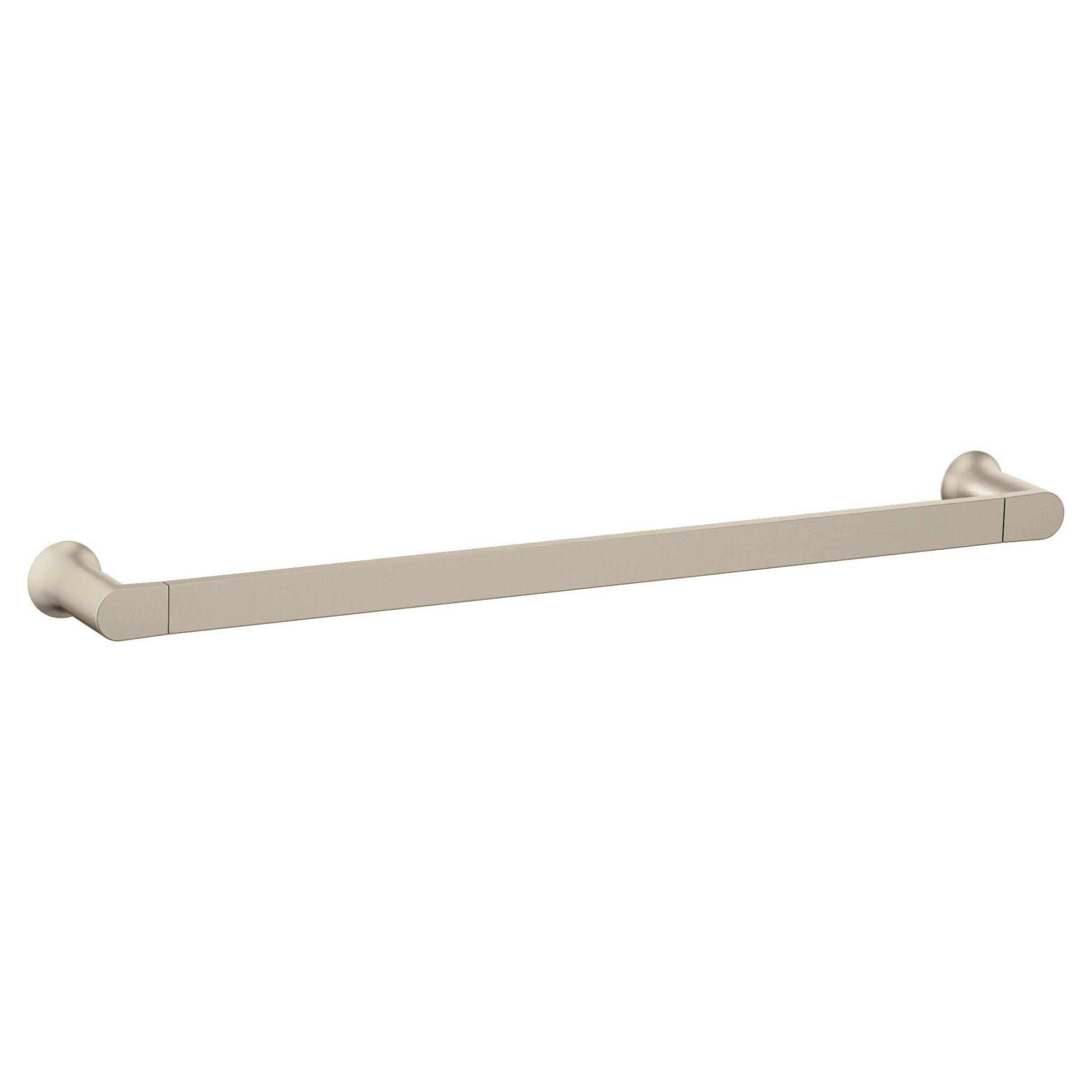 Brushed nickel wall-mount towel bar with round mounting brackets on each end, 24 inches long.
