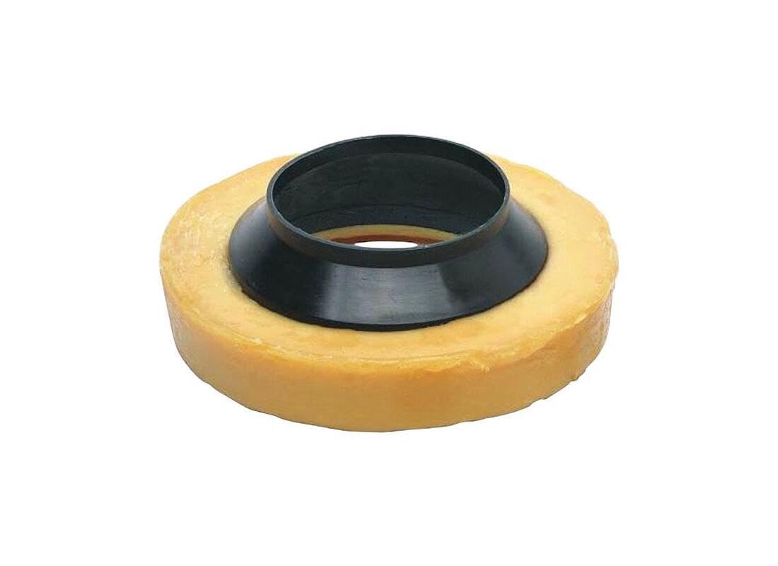 Yellow wax ring toilet bowl seal with black plastic collar insert.