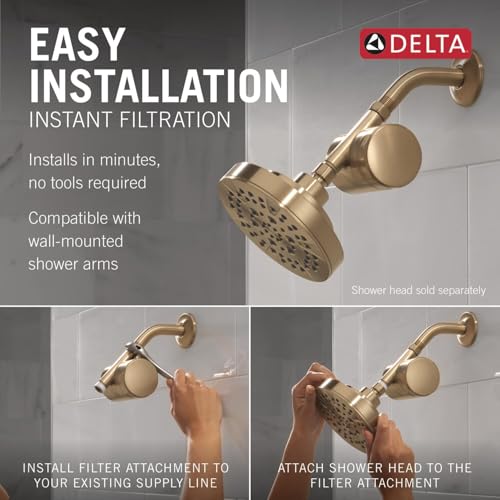 Champagne bronze Delta shower filter attachment with round control knob and perforated shower head, shown installed on wall-m