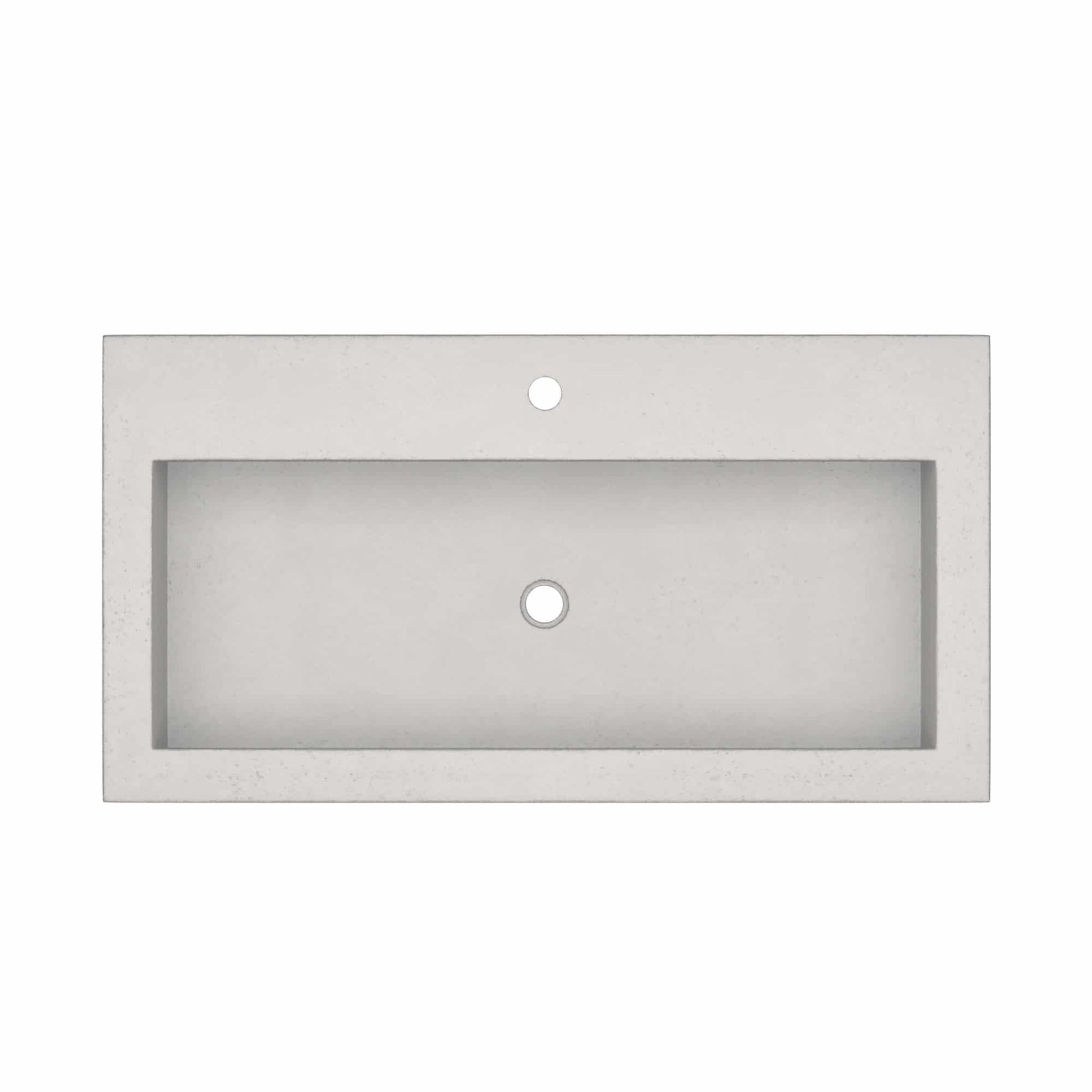 Rectangular ash-colored trough bathroom sink with single faucet hole and drain opening.