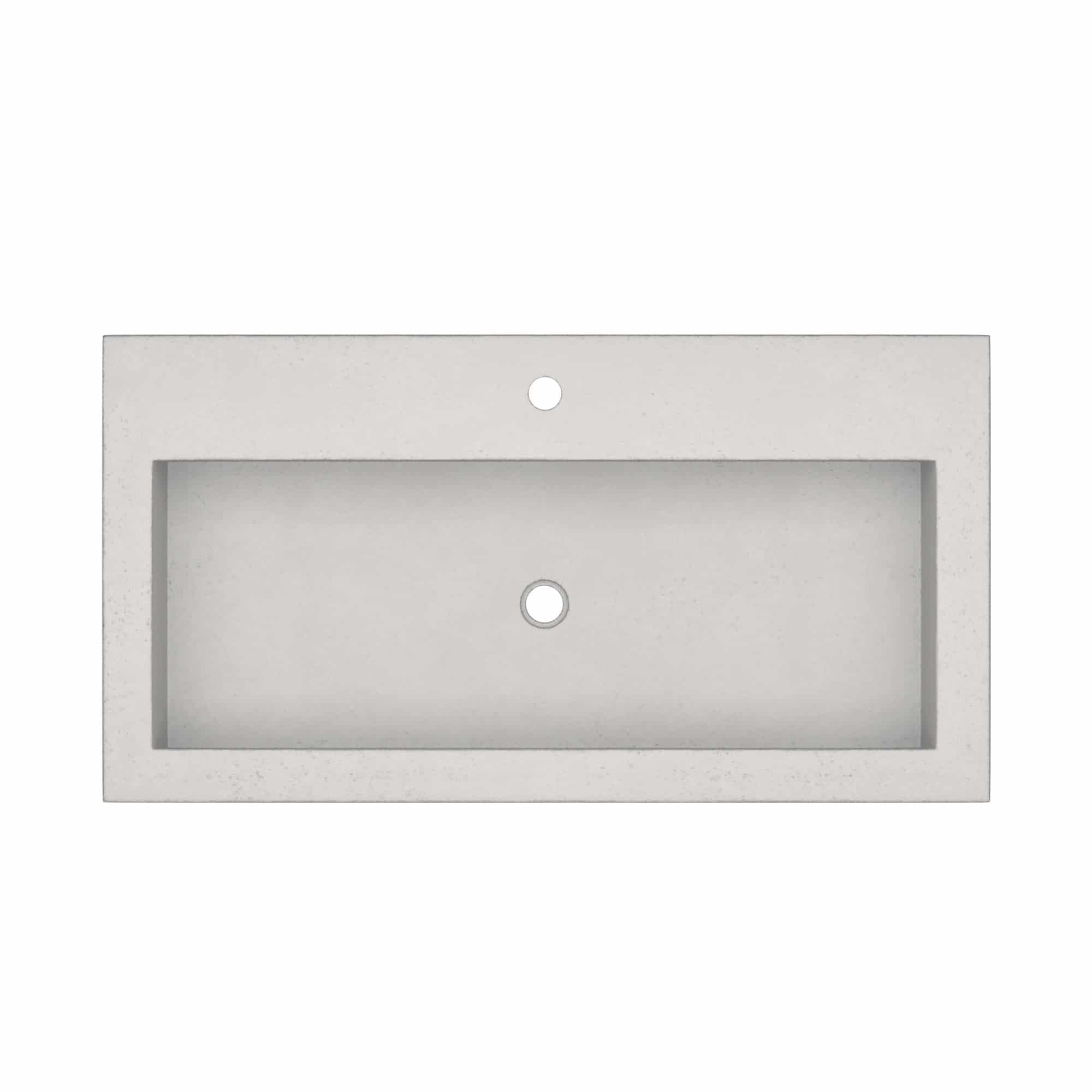 Rectangular ash-colored trough bathroom sink with single faucet hole and drain opening.