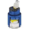 Blue ceramic cartridge with chrome top and yellow bottom insert for single-handle faucet.