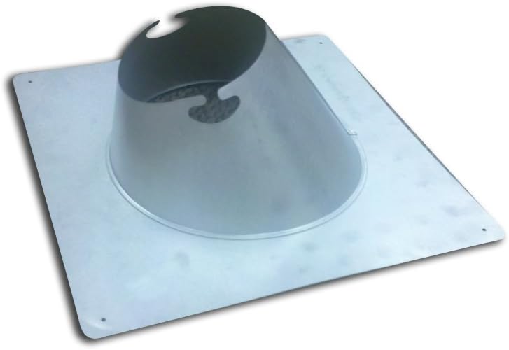 Metal roof flashing with cone-shaped vent pipe collar and flat square base plate.