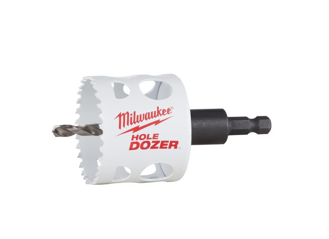 Milwaukee HOLE DOZER bi-metal hole saw with white cup body, serrated cutting edge, center drill bit, and black arbor attachme