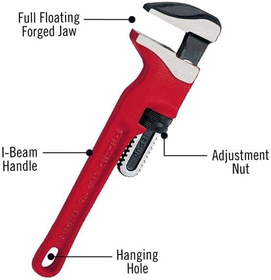 RIDGID 12-inch adjustable spud wrench with red I-beam handle, floating forged jaw, and adjustment nut.