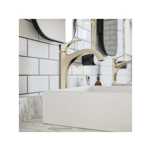 Polished nickel single-hole bathroom faucet with curved spout mounted on white rectangular sink.