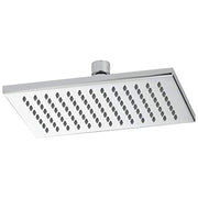 Rectangular chrome shower head with perforated spray pattern and ceiling-mounted connector arm.