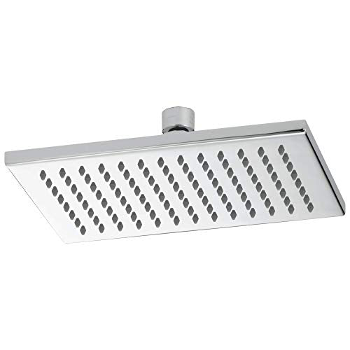Rectangular chrome shower head with perforated spray pattern and ceiling-mounted connector arm.