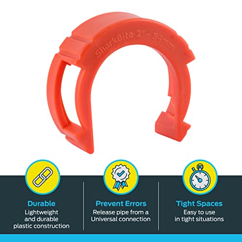 Red plastic disconnect tool with horseshoe shape and grip tabs, sized for 2-inch push-to-connect tubing.