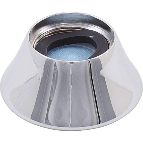Chrome faucet aerator with conical white base and internal blue mesh screen.