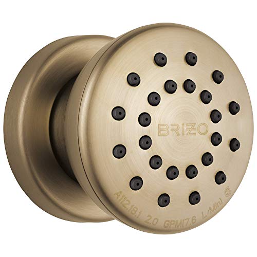 Brizo round brushed gold shower body spray with multiple black nozzles and wall mount flange.
