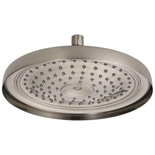 Round brushed nickel raincan showerhead with multiple spray nozzles and ceiling-mount arm.