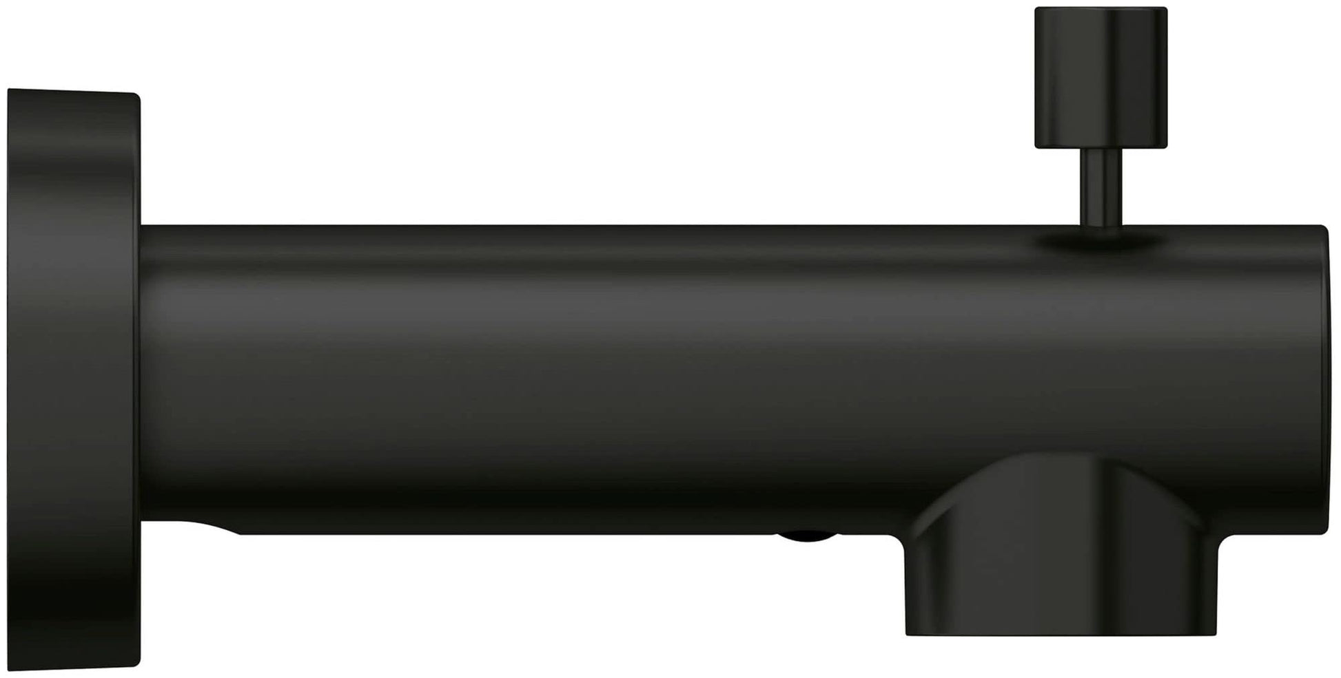 Grohe Concetto brushed dark metal diverter tub spout with square handle lever on top.
