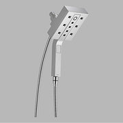 Square chrome shower head with multiple spray holes and detachable handheld unit connected by flexible hose.