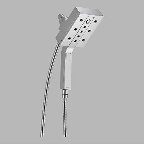 Square chrome shower head with multiple spray holes and detachable handheld unit connected by flexible hose.