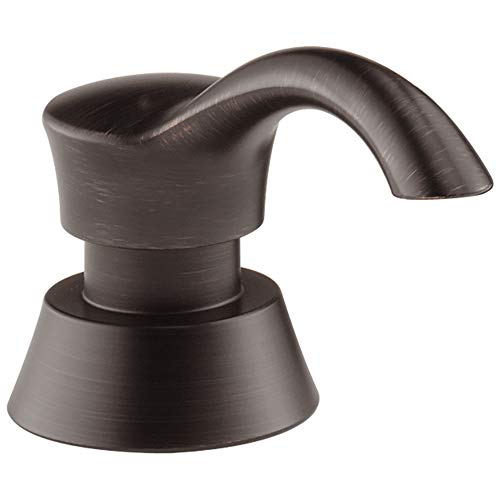 Venetian bronze soap dispenser with curved spout and cylindrical pump on round base.