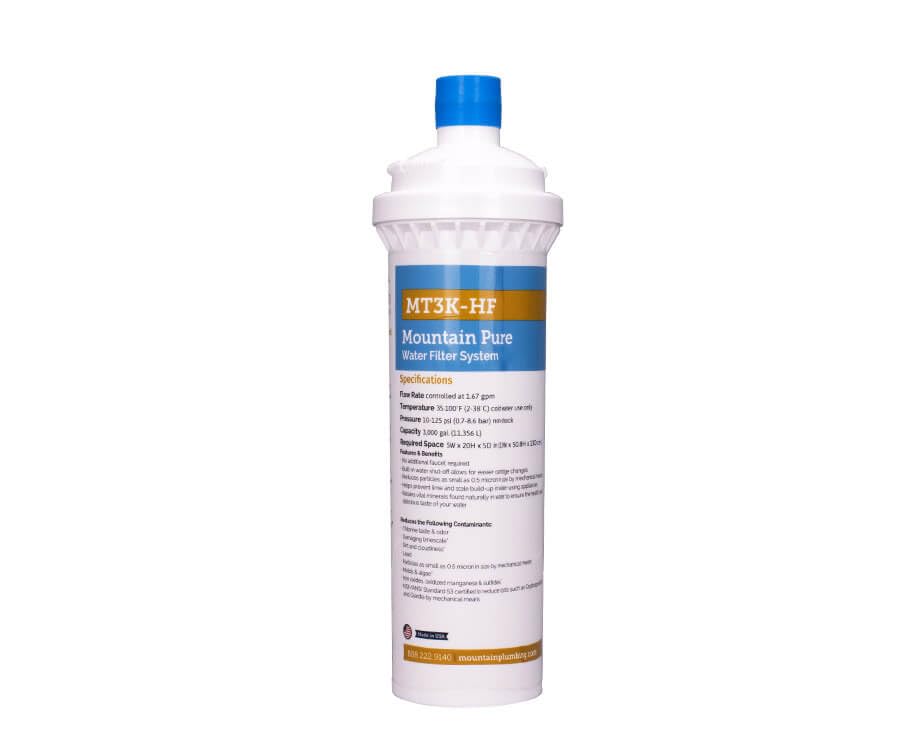 White cylindrical water filter cartridge with blue top cap and MT3K-HF labeling for Mountain Pure water filter system.