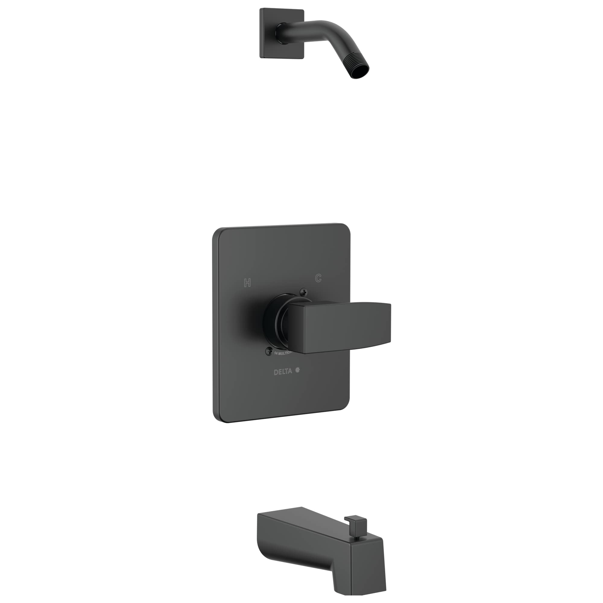 Black matte square tub and shower trim with control valve, spout, and curved wall-mount arm.