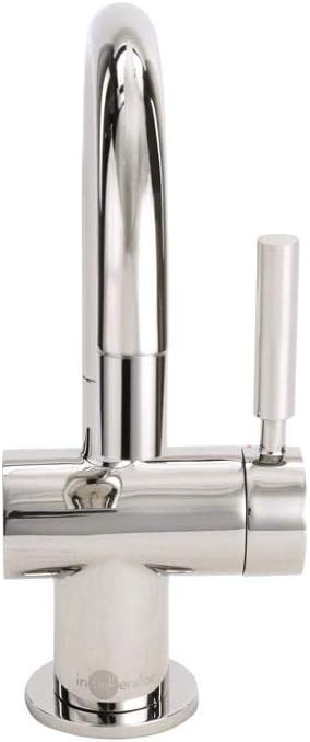 Polished nickel instant hot water dispenser faucet with tall curved spout and small control lever on right side.
